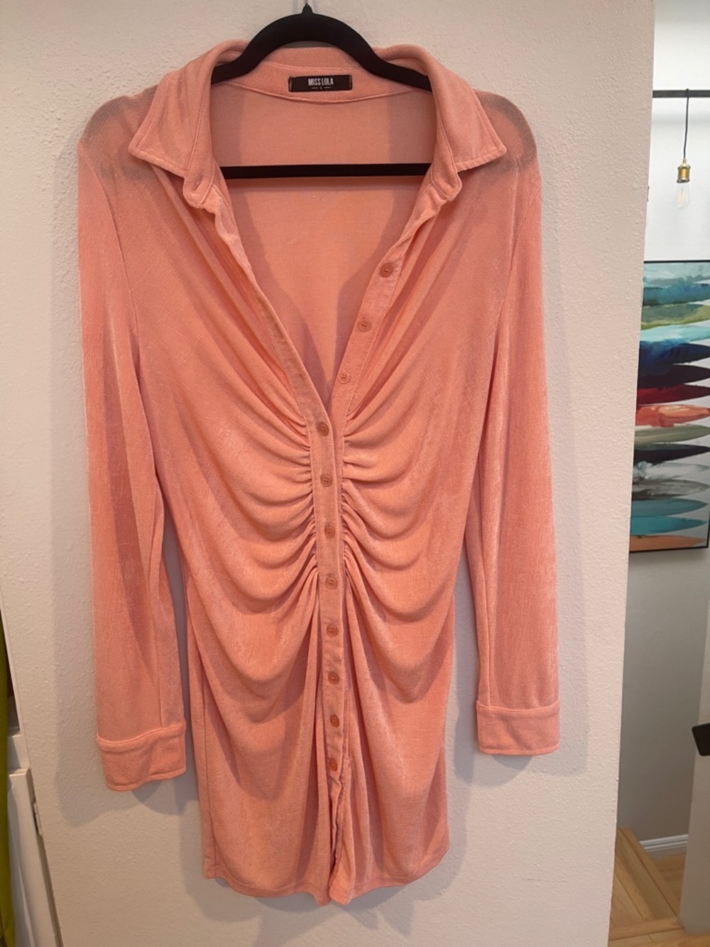 Miss Lola - Be My Muse - Ruched Button-Down Long Sleeve Top in Peach